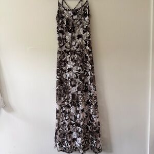 Fire Mesh Floral Maxi Strappy Rachel Green Y2K Side Slits Lined Warm Grey tones